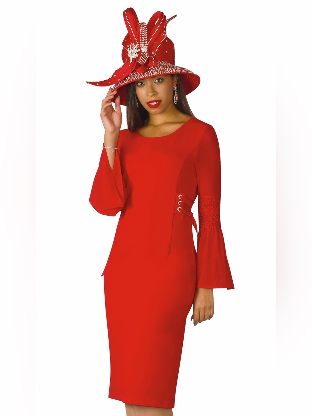 Lily & Taylor Chic Red Bell-Sleeve Lace-Up Sheath Dress